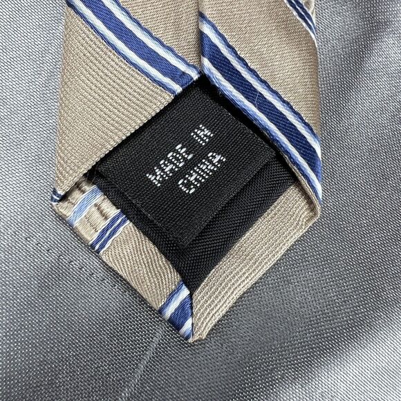 Michael Kors Mens Neck Tie Necktie Silk Tan Blue White Stripes 59” L 3.5” Gifts - Picture 6 of 9